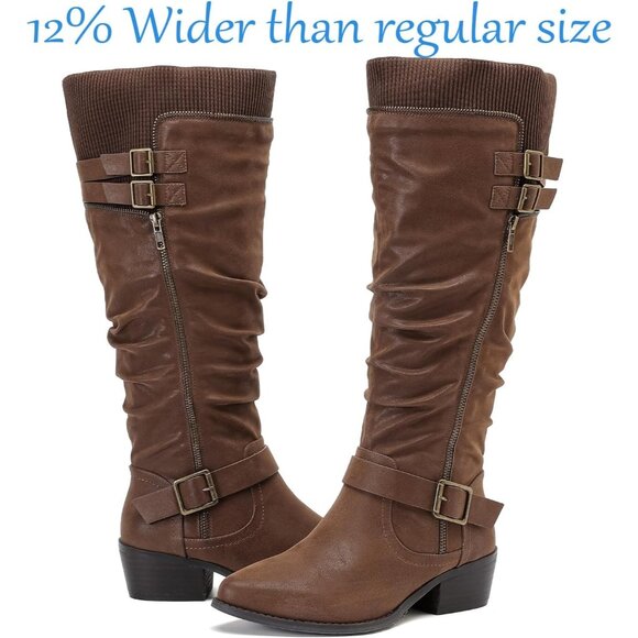 ⚡Women's Brown Extra Wide Calf Knee High Boots Knee High Boots Low Stacked Heel - Picture 5 of 6